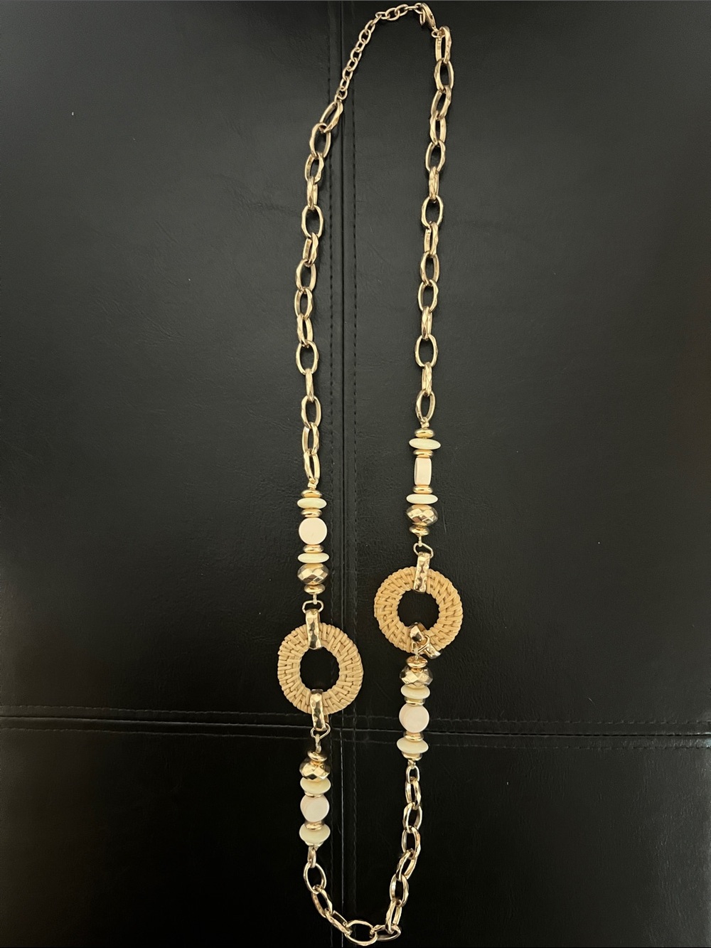 Gold and Cream Long Link Necklace with Woven Circle Accents